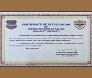 Maha Cement - Awards - Certificate of Appreciation by SP Suryapet District